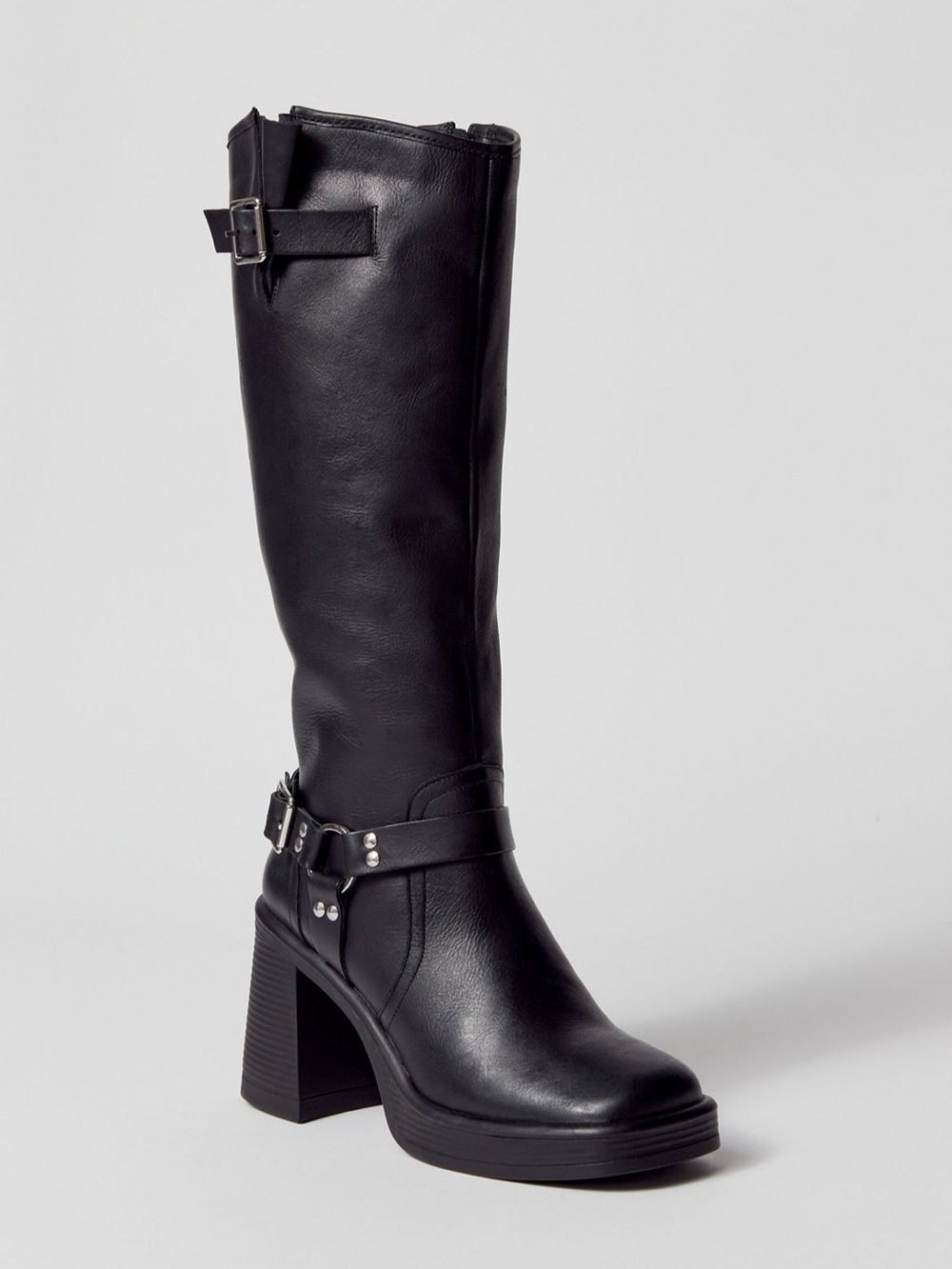 Steve Madden Black Leather Knee-High Buckle Riding Boots - Picture 2 of 4